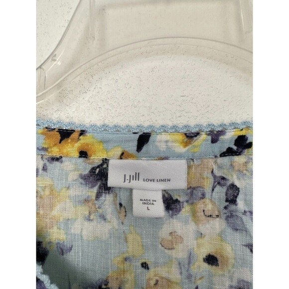 J Jill Love Linen Floral Tunic Top Button Down Blue 3/4 Sleeve Women's Large - Picture 3 of 9